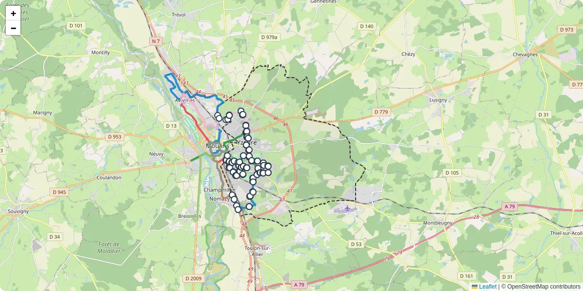 Carte du réseau de transport en commun à Yzeure - lignes de bus et arrêts