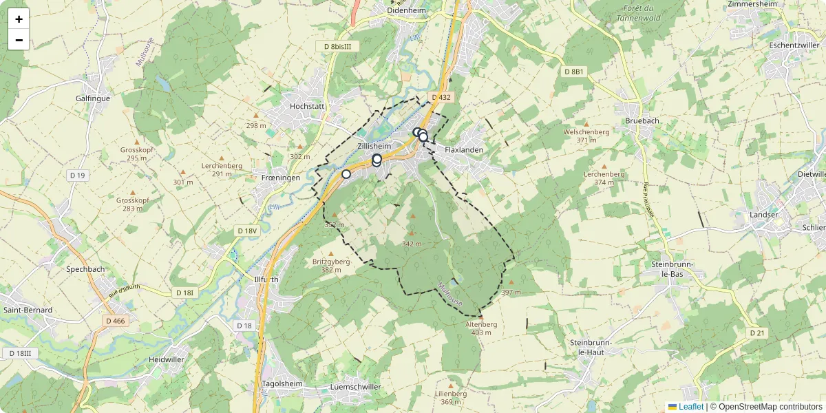 Carte du réseau de transport en commun à Zillisheim - lignes de bus et arrêts