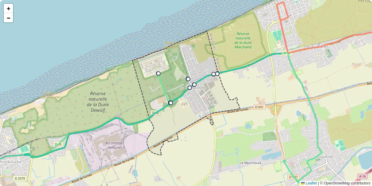 Carte du réseau de transport en commun à Zuydcoote - lignes de bus et arrêts